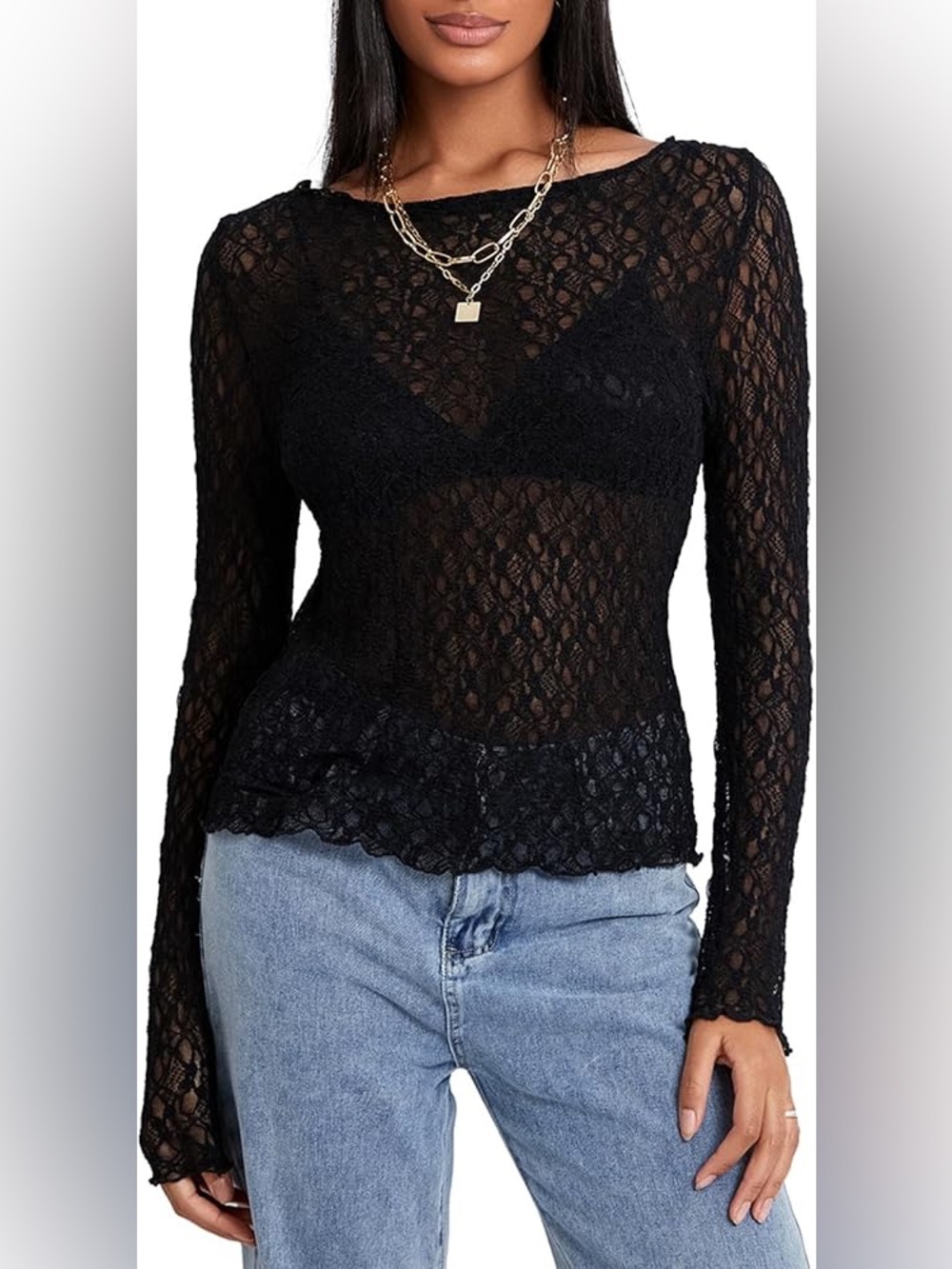 Black Lace Long-Sleeve Sheer Top
